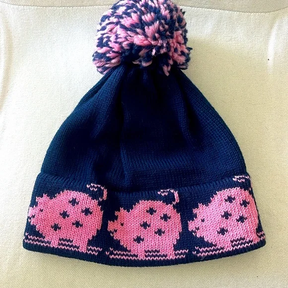 NWOT Stowe Woolens Ltd navy blue beanie hat with pink pigs, blue & pink pom-pom - Picture 1 of 12